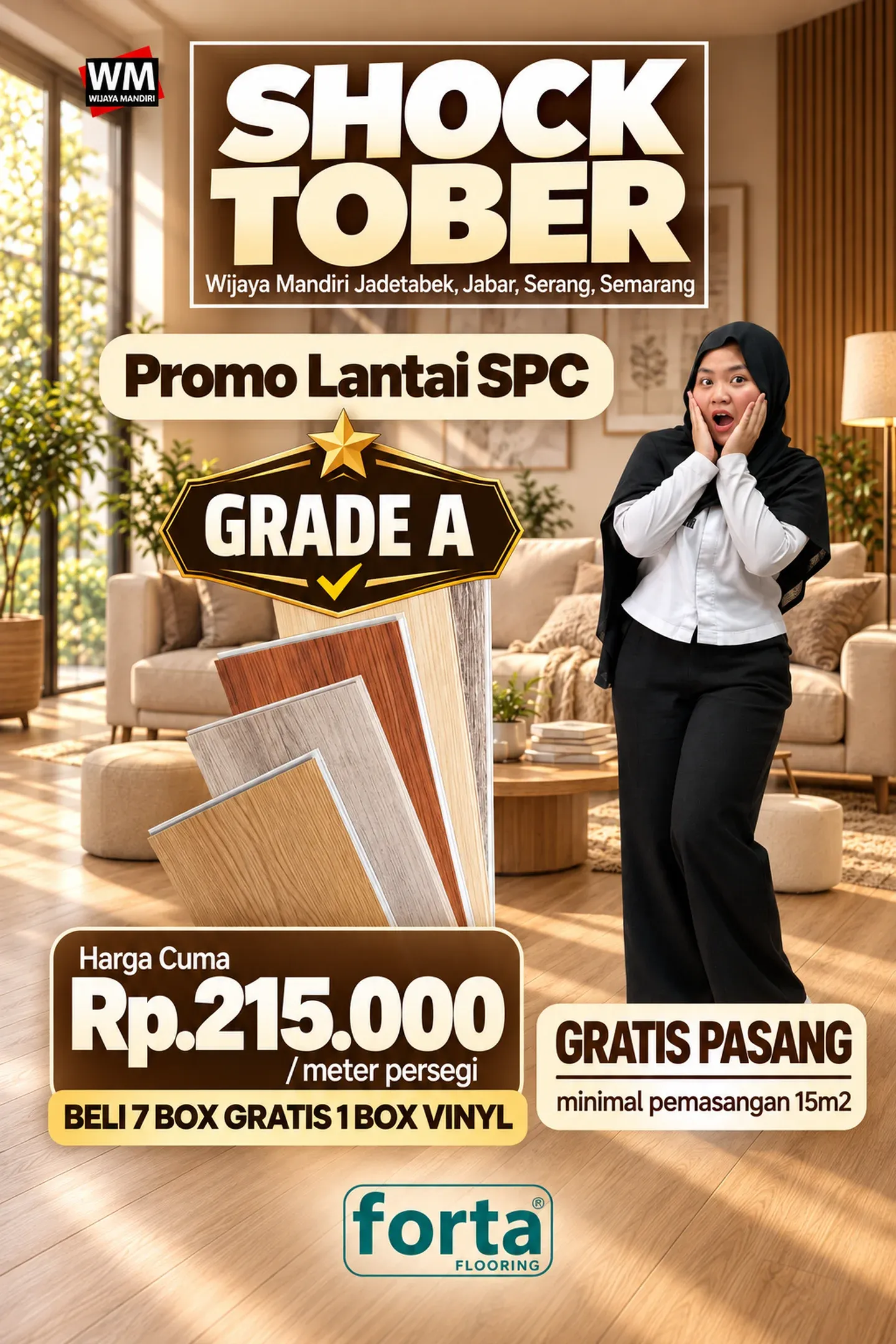 Shocktober, promo Lantai SPC Grade A merek Forta: harga cuma Rp215.000 per meter persegi, beli 7 box gratis 1 box vinyl, gratis pasang minimal pemasangan 15 m2