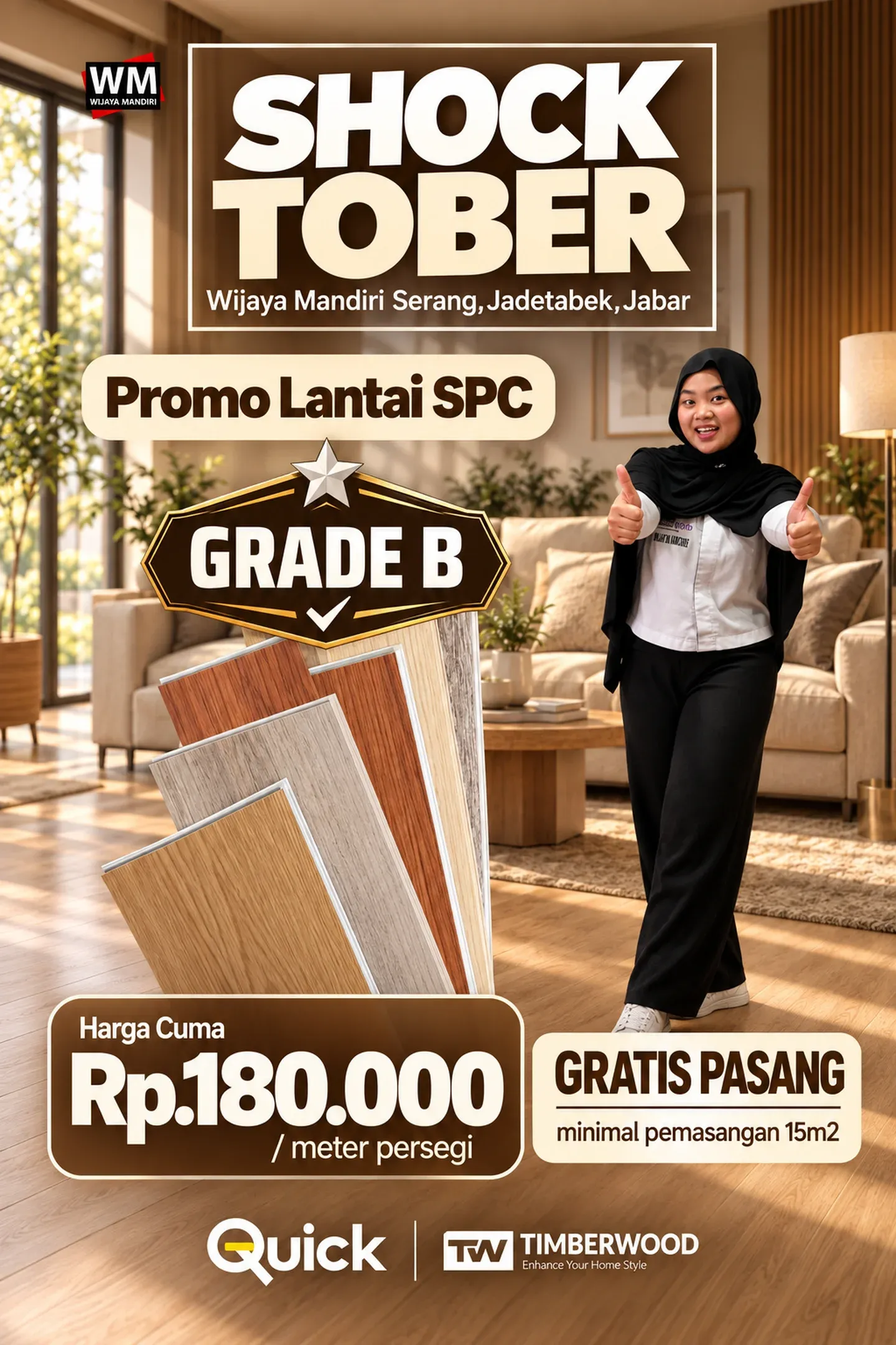 Shocktober, promo Lantai SPC Grade B merek Quick dan Timberwood: harga cuma Rp180.000 per meter persegi, gratis pasang minimal pemasangan 15 m2