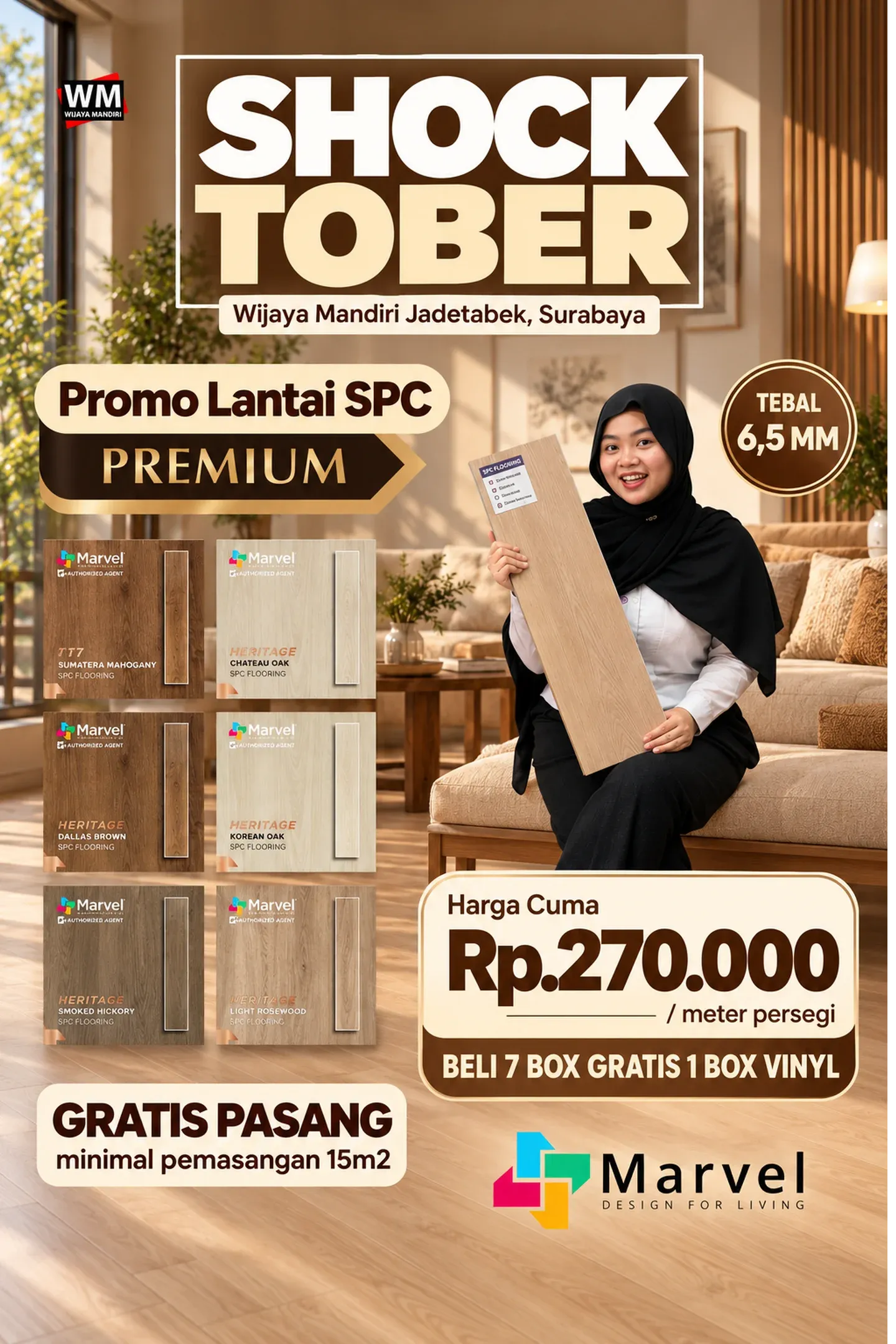 Shocktober, promo Lantai SPC Premium merek Marvel tebal 6,5 mm: harga cuma Rp270.000 per meter persegi, beli 7 box gratis 1 box vinyl, gratis pasang minimal pemasangan 15 m2